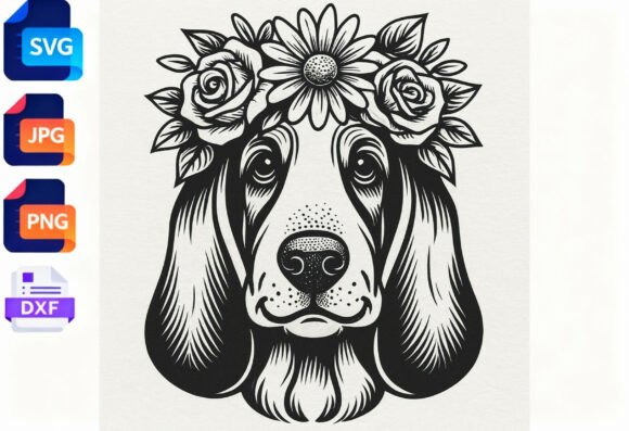 Basset Hound Dog Floral Wreath SVG PNG