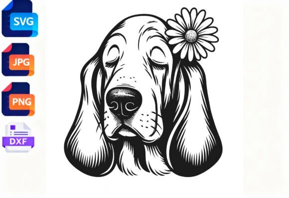 Basset Hound Dog with Flower SVG Clipart