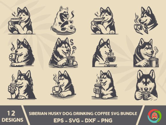 Siberian Husky Dog Drinking Coffee Svg