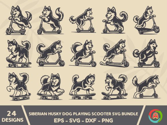Siberian Husky Dog Playing Scooter SVG