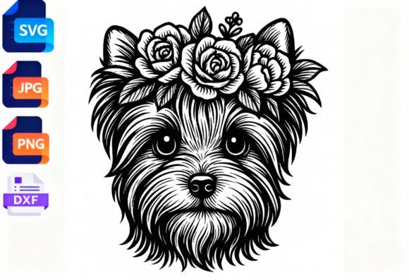 Yorkie Dog Floral Crown SVG PNG DXF